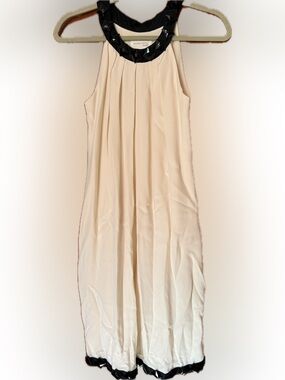 Marchesa Cream Halter Dress with Black Jeweled Collar and Hem